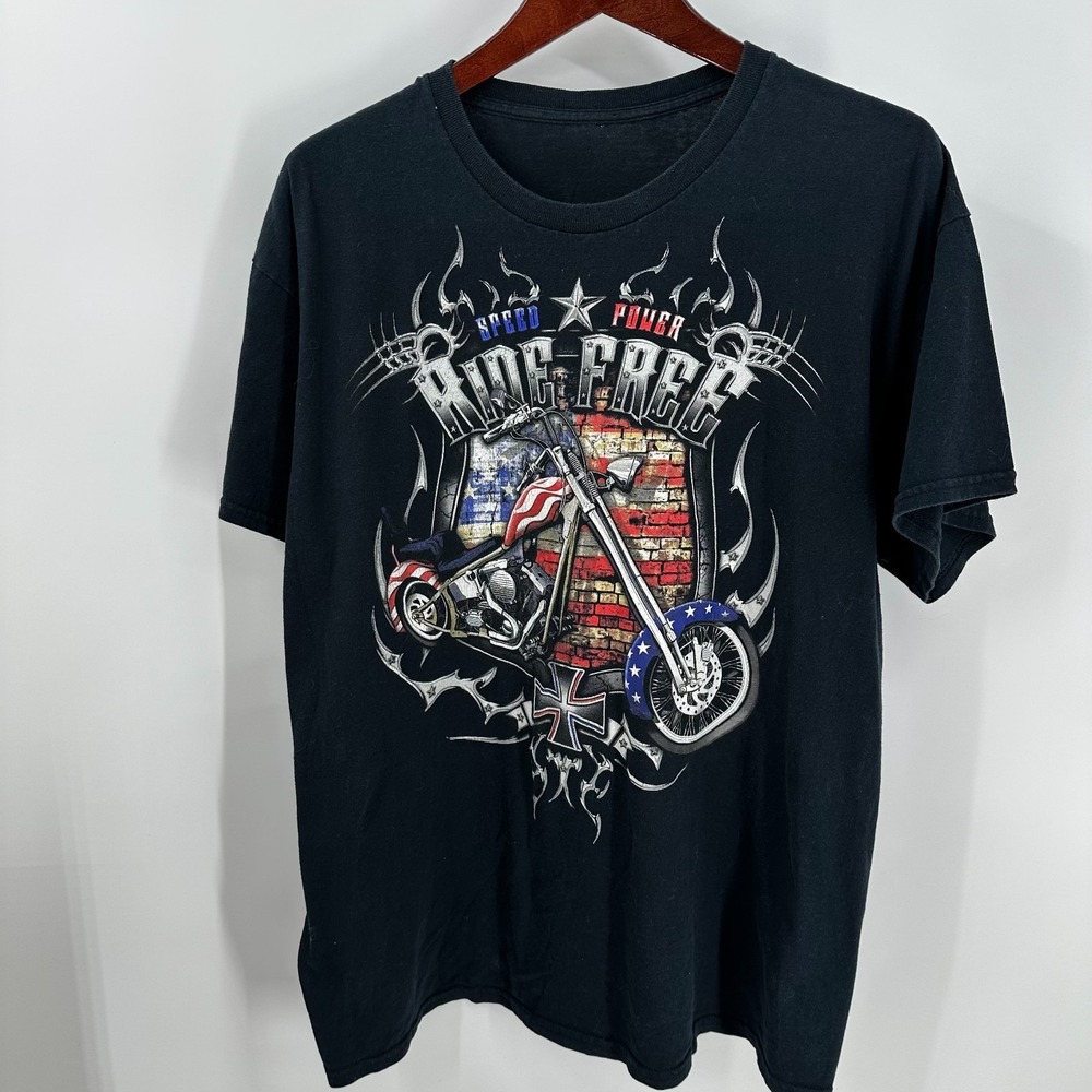 Y2K American Choppers Speed Power Ride Free Motorcycle Graphic T-Shirt Black